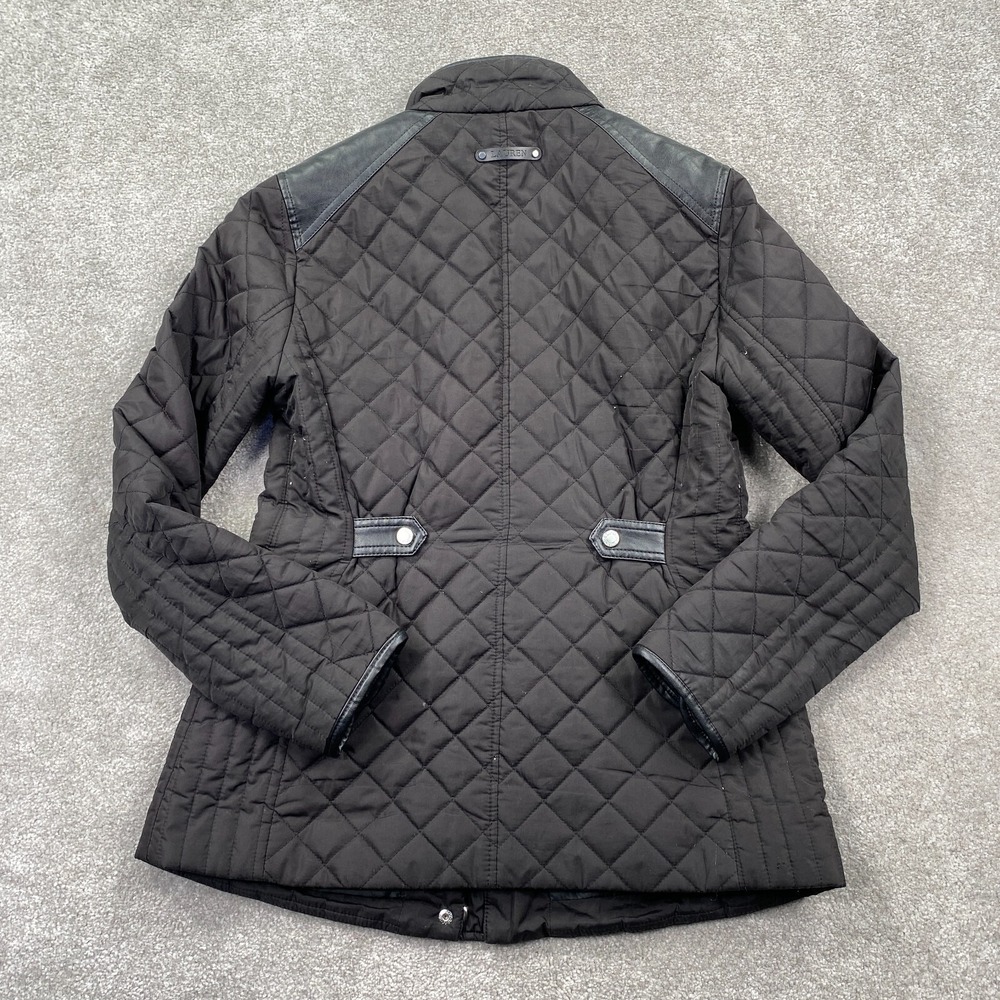 Lauren Ralph Lauren Quilted Jacket Women Size S Black Faux Leather Trim Snap - Picture 2 of 14